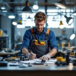 A photograph of a lighting contractor working efficiently in a well-lit workshop