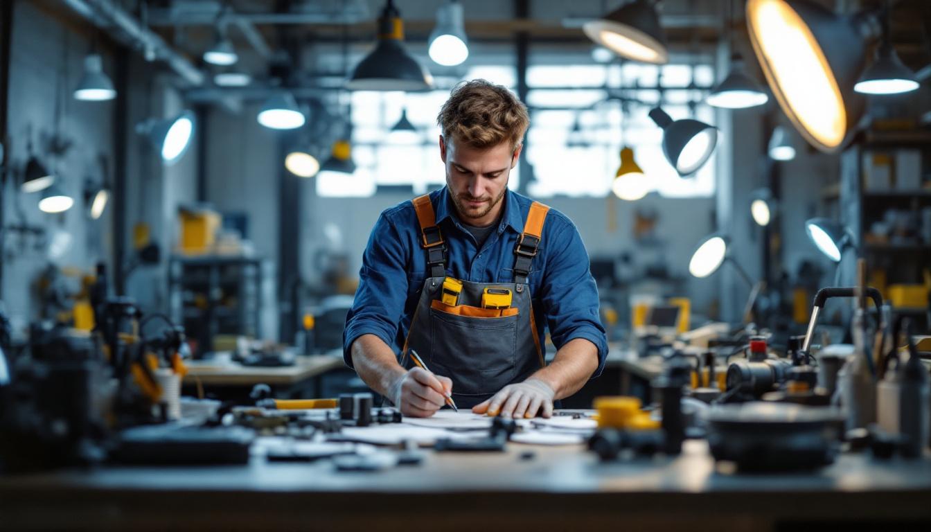 A photograph of a lighting contractor working efficiently in a well-lit workshop