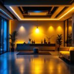 A photograph of a modern interior space illuminated by vibrant led lights