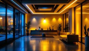A photograph of a modern interior space illuminated by vibrant led lights