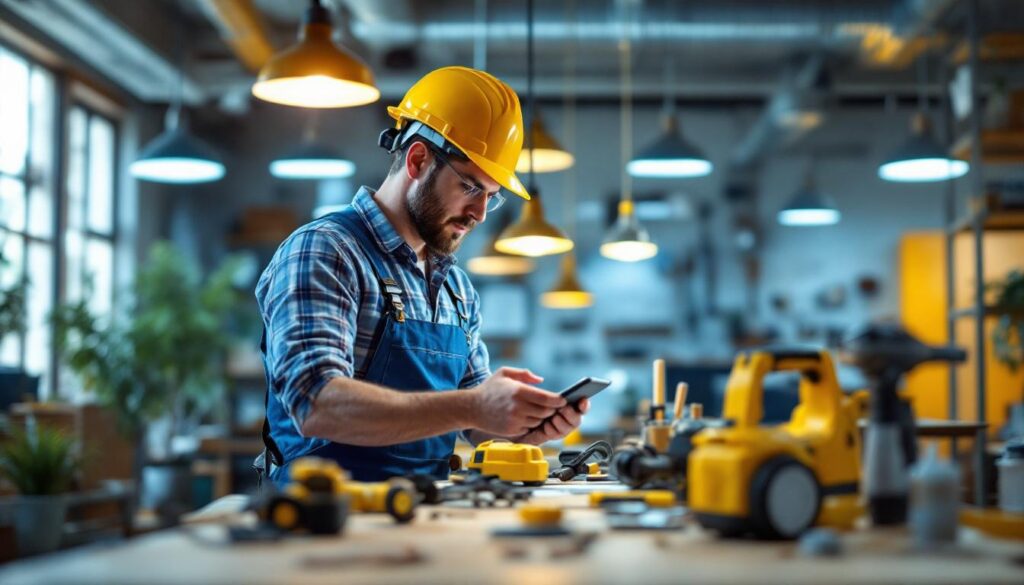 A photograph of a lighting contractor inspecting a well-lit workspace