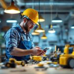 A photograph of a lighting contractor inspecting a well-lit workspace