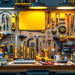 A photograph of a well-organized workspace showcasing a variety of essential lighting tools and equipment used by contractors