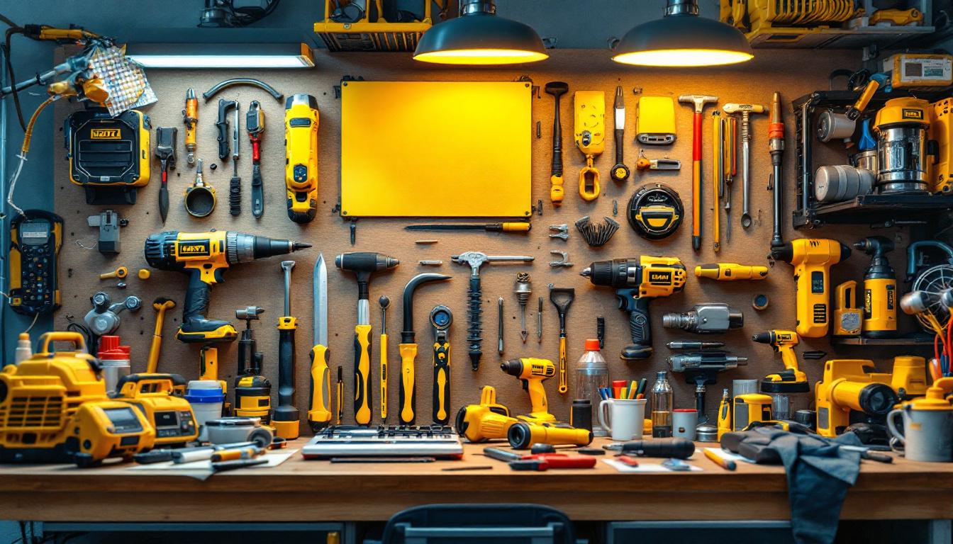 A photograph of a well-organized workspace showcasing a variety of essential lighting tools and equipment used by contractors
