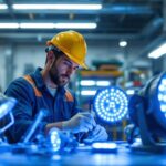 A photograph of a lighting contractor examining various ultraviolet light fixtures in a well-lit workshop