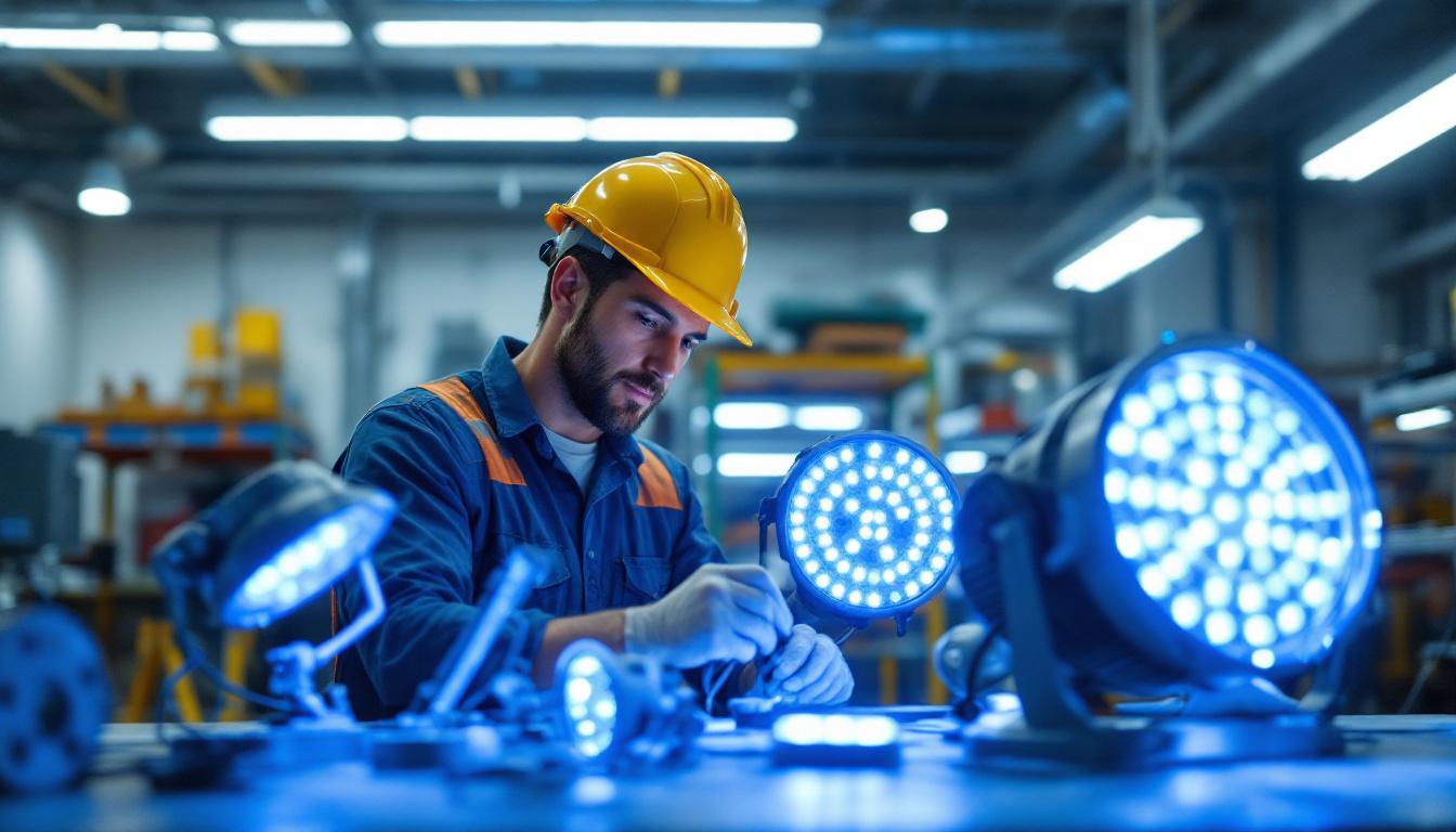 A photograph of a lighting contractor examining various ultraviolet light fixtures in a well-lit workshop