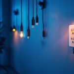 A photograph of a well-lit workspace featuring hanging electrical outlets in use