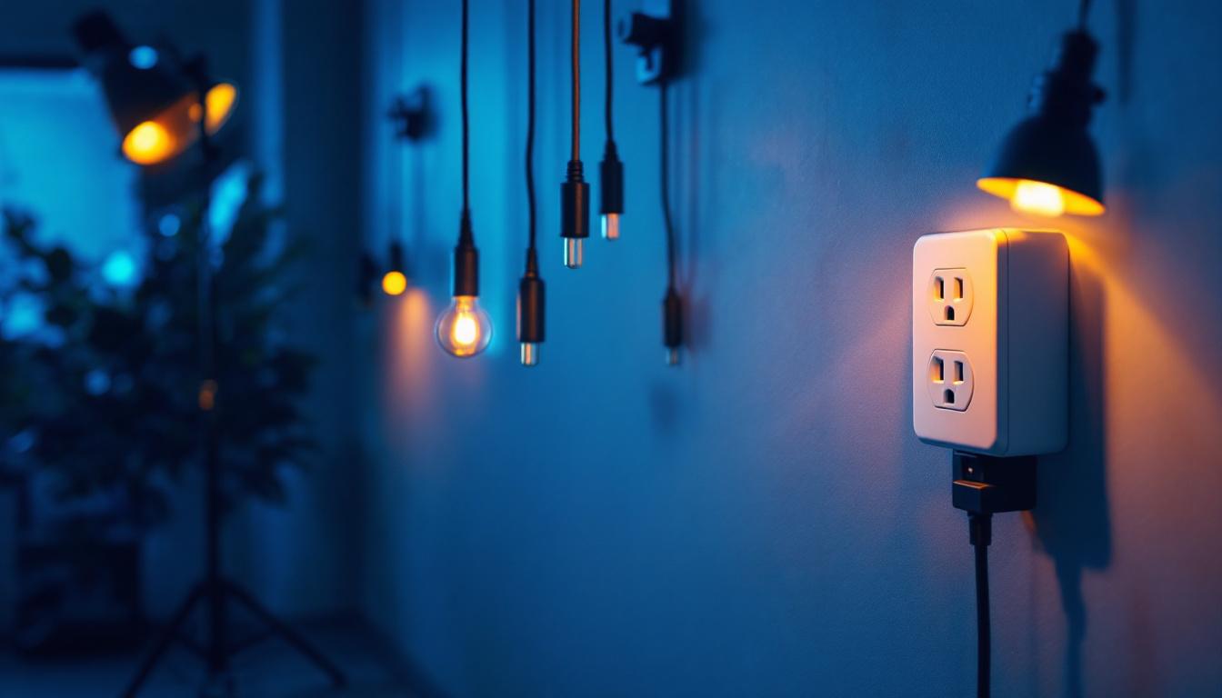 A photograph of a well-lit workspace featuring hanging electrical outlets in use