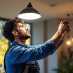 A photograph of a lighting contractor expertly installing or adjusting a stylish light fixture in a modern residential or commercial space