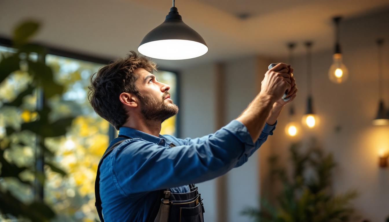 A photograph of a lighting contractor expertly installing or adjusting a stylish light fixture in a modern residential or commercial space