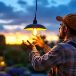 A photograph of a skilled lighting contractor expertly installing a stylish outdoor hanging lighting fixture in a beautifully landscaped garden