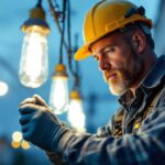 A photograph of a lighting contractor in action