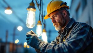 A photograph of a lighting contractor in action