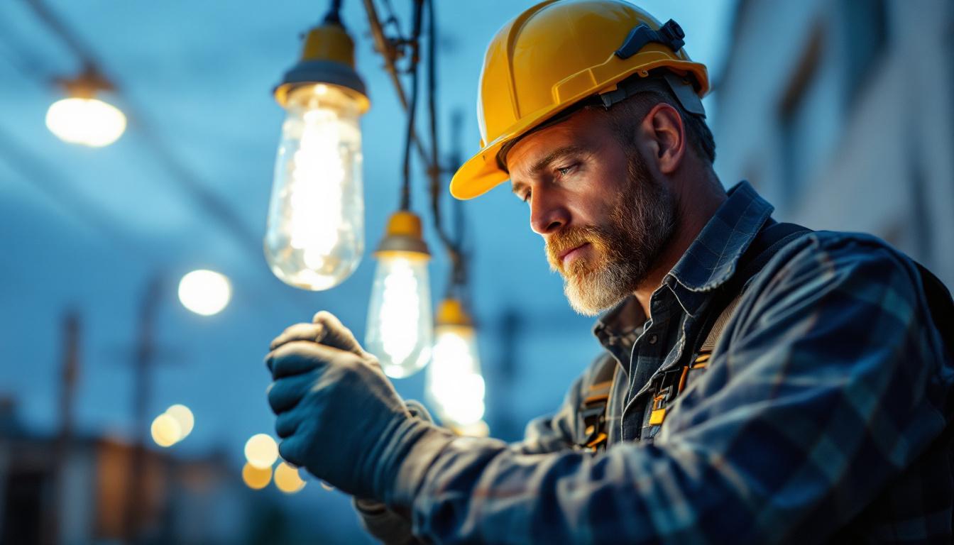 A photograph of a lighting contractor in action