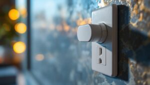 A photograph of a close-up of an electrical socket with an integrated switch