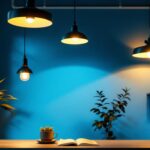 A photograph of a stylishly lit indoor space showcasing various modern lighting fixtures in use