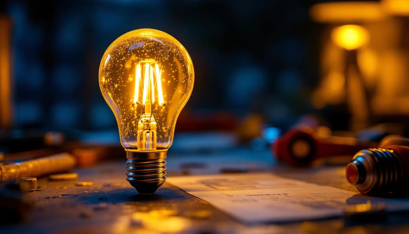 A photograph of a close-up of a vibrant led bulb illuminated in a modern setting