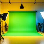 A photograph of a well-lit studio setup featuring both green screen lights and alternative lighting options