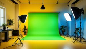 A photograph of a well-lit studio setup featuring both green screen lights and alternative lighting options