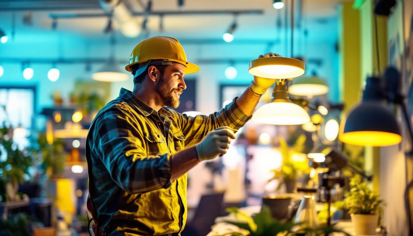 A photograph of a well-lit workspace showcasing various lighting fixtures at 5000 kelvin