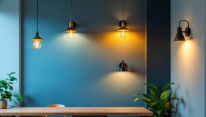 A photograph of a well-designed commercial space showcasing various stylish sconce lighting fixtures in use