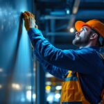 A photograph of a lighting contractor at work