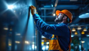 A photograph of a lighting contractor at work