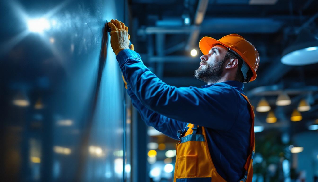 A photograph of a lighting contractor at work
