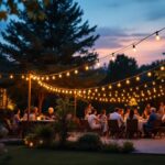 A photograph of a beautifully illuminated outdoor space featuring 60 ft outdoor string lights draped elegantly across a patio or garden