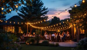 A photograph of a beautifully illuminated outdoor space featuring 60 ft outdoor string lights draped elegantly across a patio or garden