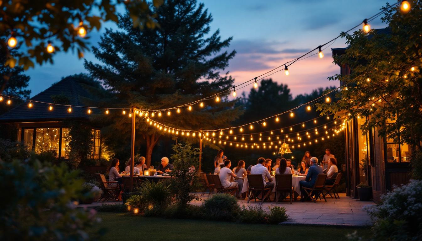 A photograph of a beautifully illuminated outdoor space featuring 60 ft outdoor string lights draped elegantly across a patio or garden