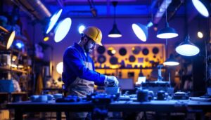 A photograph of a lighting contractor at work