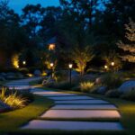 A photograph of a beautifully lit outdoor landscape at dusk
