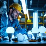 A photograph of a lighting contractor examining a variety of fluorescent bulbs in a well-lit workspace