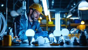 A photograph of a lighting contractor examining a variety of fluorescent bulbs in a well-lit workspace