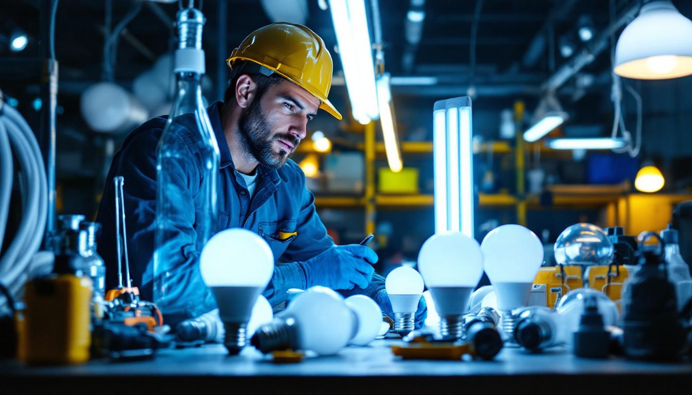 A photograph of a lighting contractor examining a variety of fluorescent bulbs in a well-lit workspace