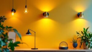 A photograph of a well-designed commercial space showcasing various types of wall lighting fixtures in use