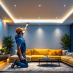 A photograph of a skilled lighting contractor installing recessed lighting in a modern living space