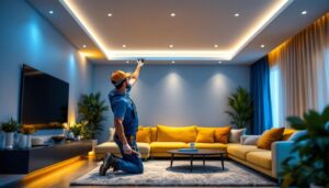 A photograph of a skilled lighting contractor installing recessed lighting in a modern living space