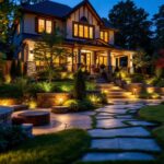 A photograph of a beautifully illuminated outdoor landscape showcasing various landscape lighting techniques and fixtures