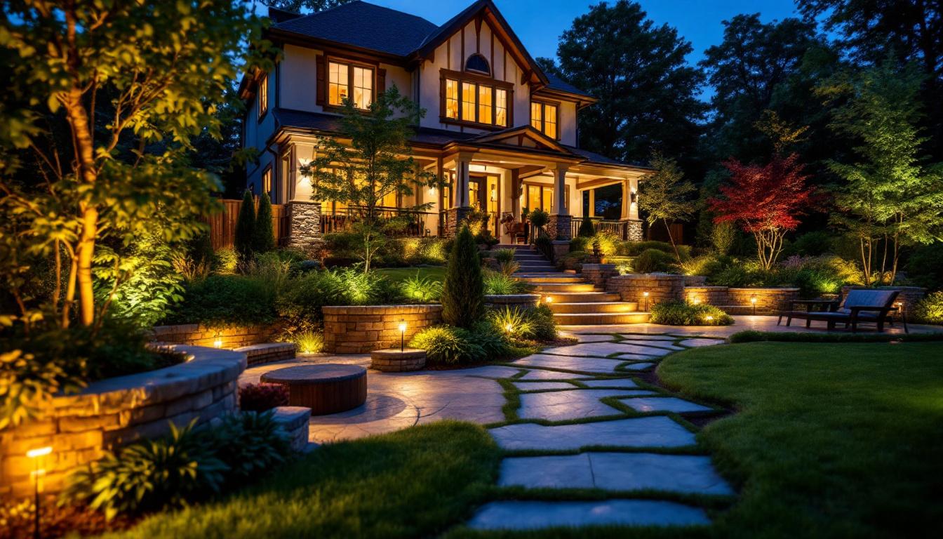 A photograph of a beautifully illuminated outdoor landscape showcasing various landscape lighting techniques and fixtures