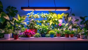 A photograph of a modern indoor garden featuring a vibrant array of plants illuminated by a sleek