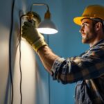 A photograph of a skilled lighting contractor at work