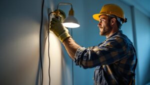 A photograph of a skilled lighting contractor at work