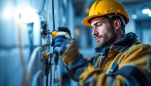 A photograph of a skilled lighting contractor expertly installing low voltage lighting connectors in a residential or commercial setting