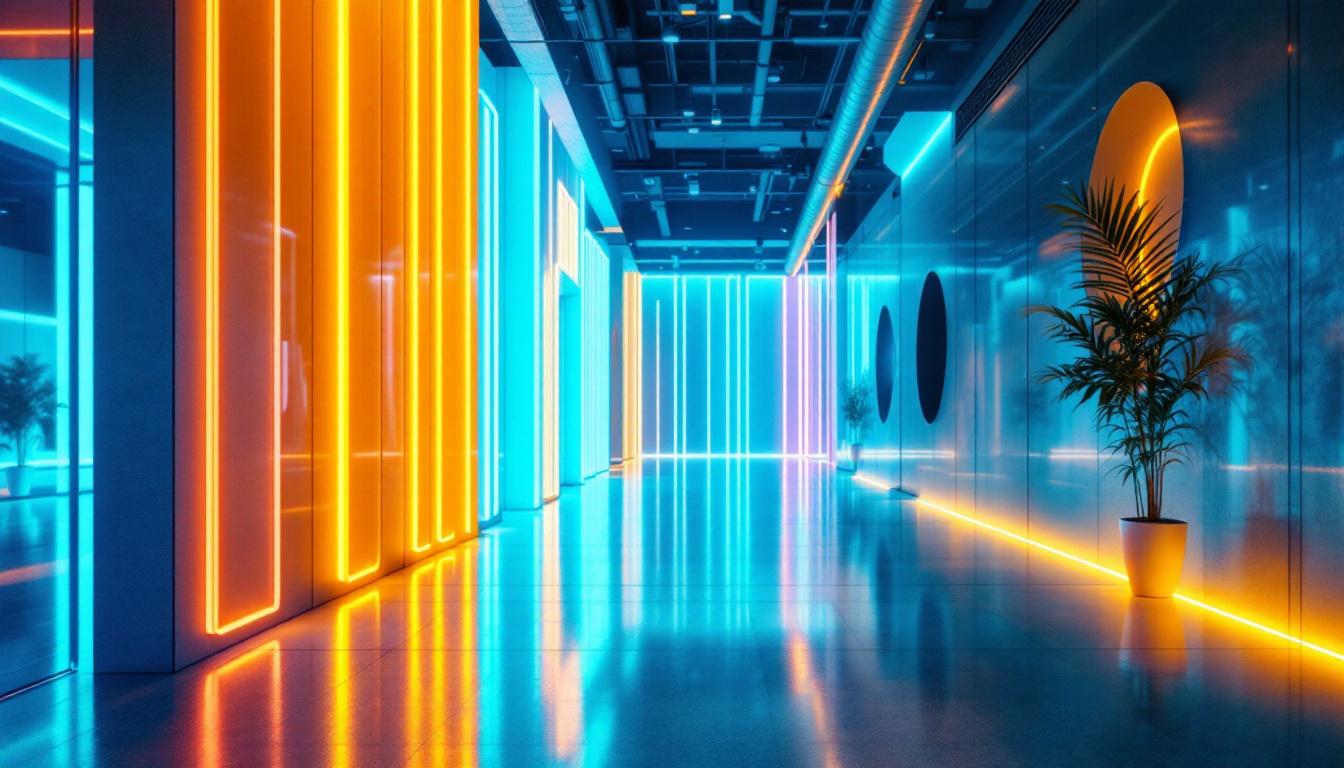A photograph of a beautifully illuminated space featuring ribbon lighting installations
