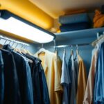 A photograph of a well-lit closet featuring a modern fluorescent light fixture