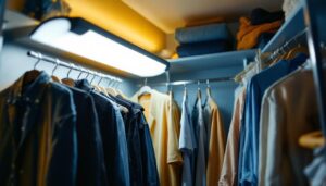 A photograph of a well-lit closet featuring a modern fluorescent light fixture