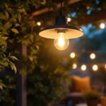 A photograph of a beautifully designed outdoor overhead light fixture illuminating a cozy outdoor space