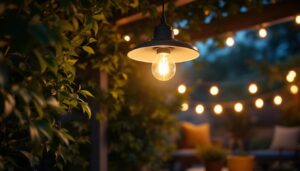 A photograph of a beautifully designed outdoor overhead light fixture illuminating a cozy outdoor space